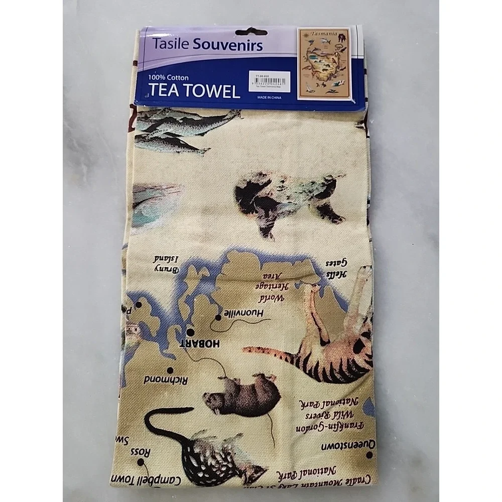 NEW Tasmania Tea Towel~100% Cotton Tasile Souvenirs Australian Animals Map NWT